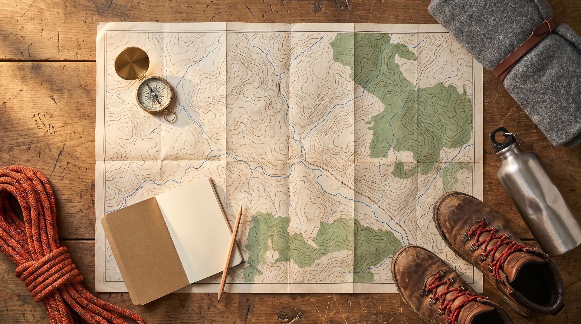 Mesa de madeira vista de cima com mapa topográfico, bússola, caderno, corda e botas de trilha. Imagem ilustrativa.