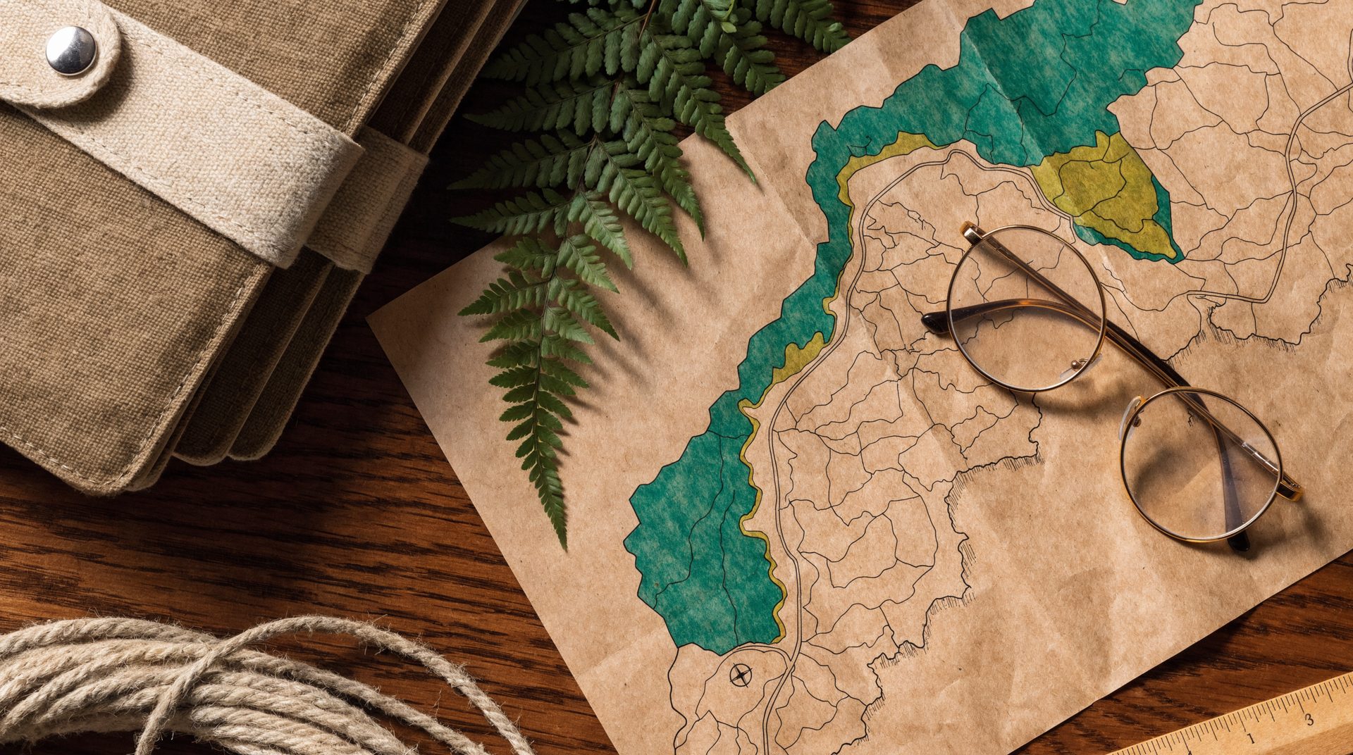 Mesa de madeira vista de cima com mapa de trilhas, lupa e papelada de expedição. Imagem ilustrativa.