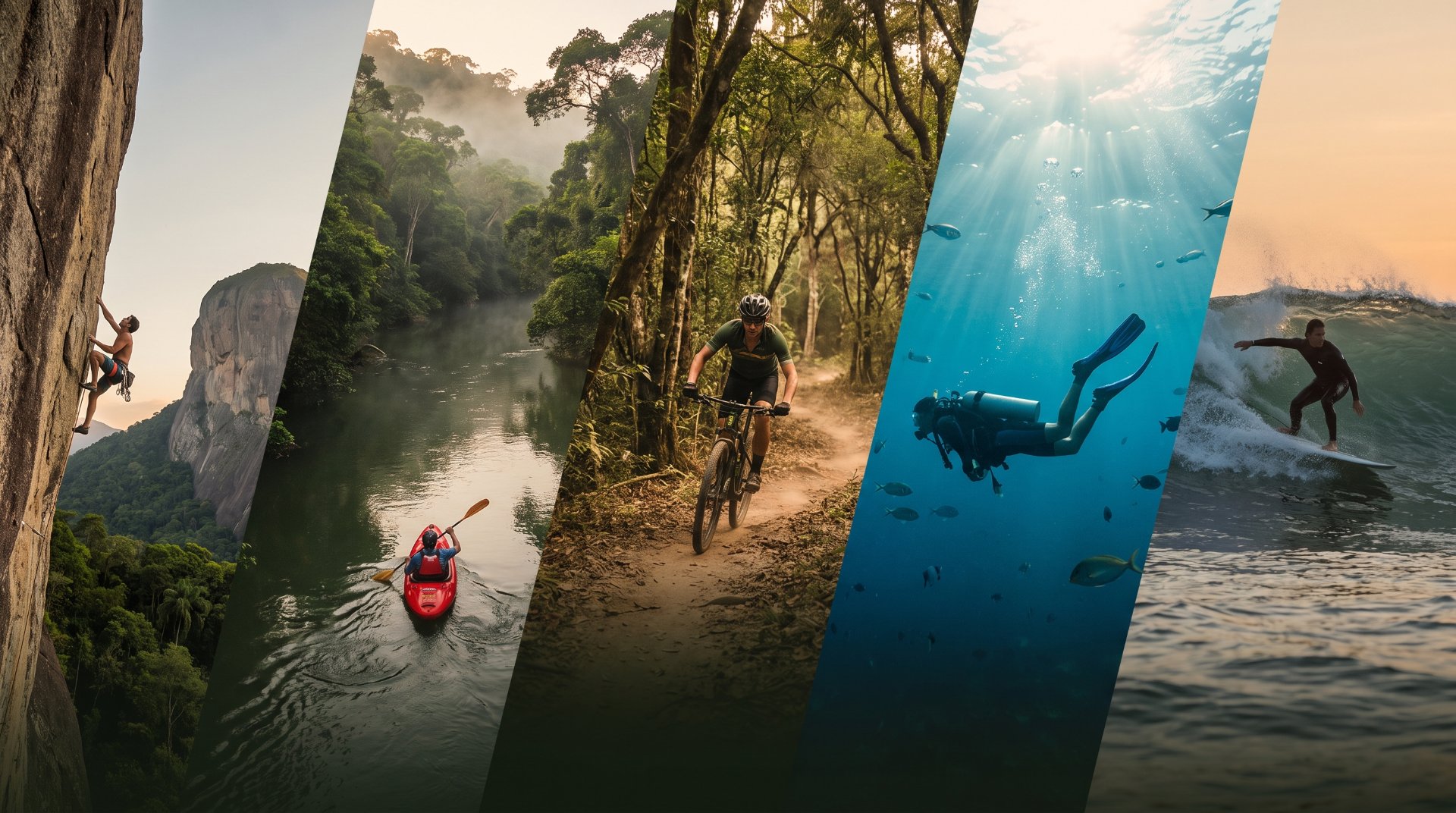 Montagem com cenas de escalada, canoagem, ciclismo, mergulho e surfe em meio à natureza. Imagem ilustrativa.