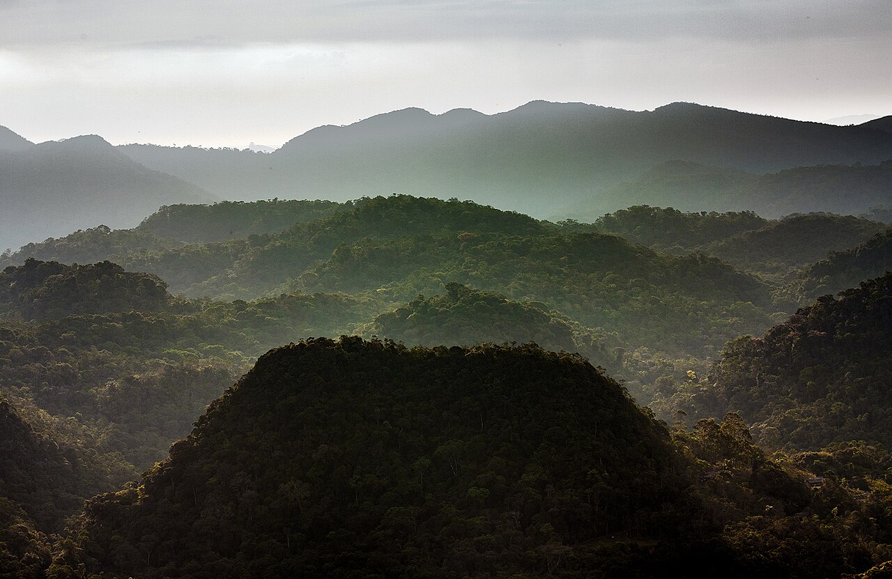 Vista aberta de morros e vegetação.