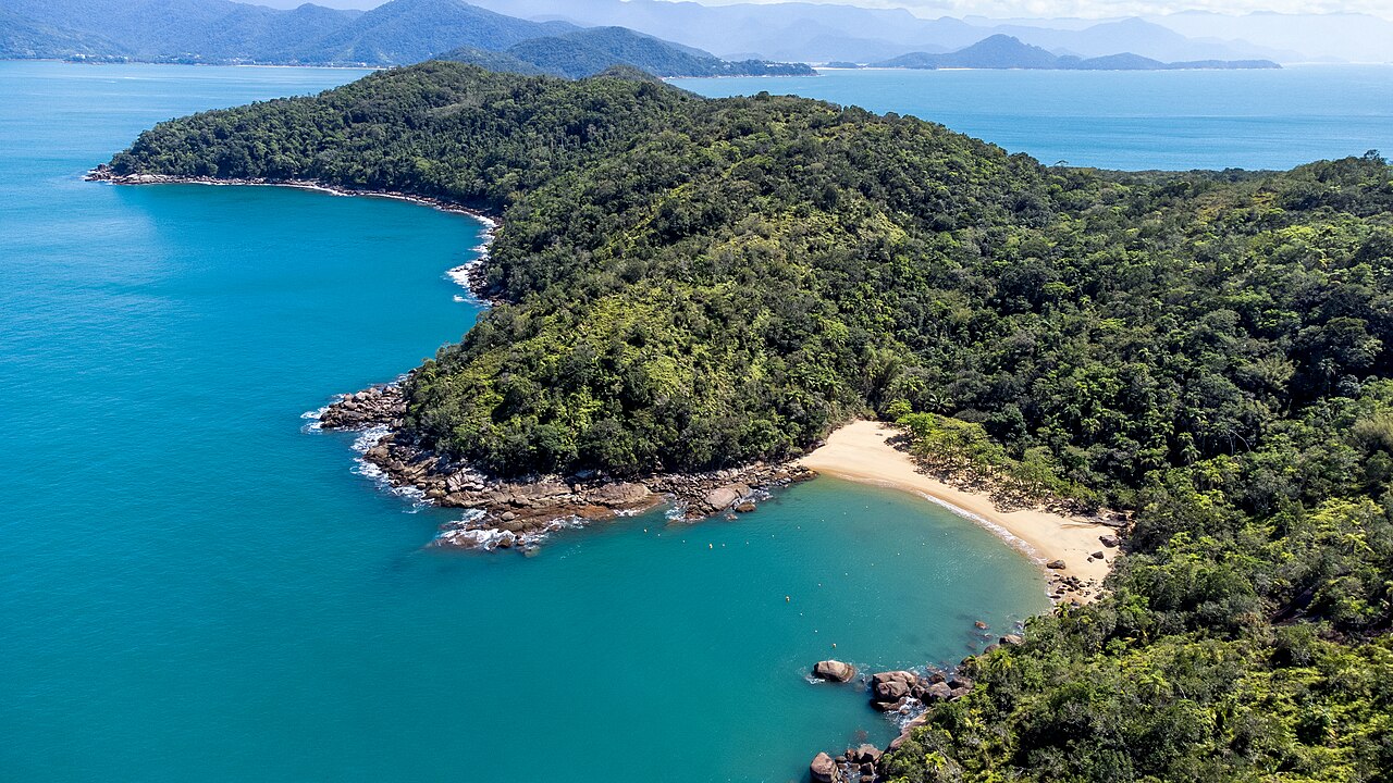 Enseada de águas claras e mata da Ilha Anchieta vistas do alto.