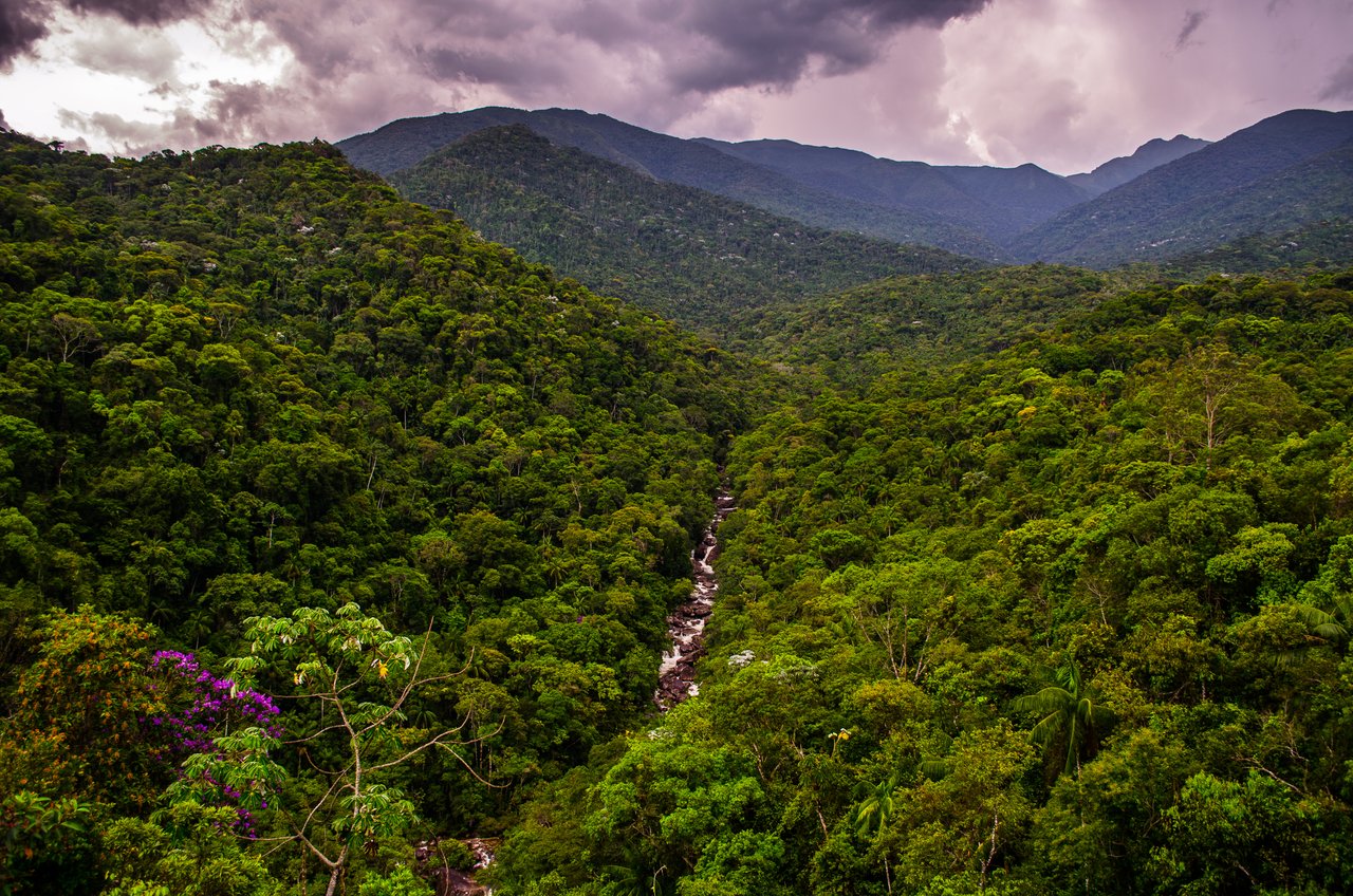 Vale coberto de mata com um rio ao fundo, entre morros, sob céu carregado de nuvens