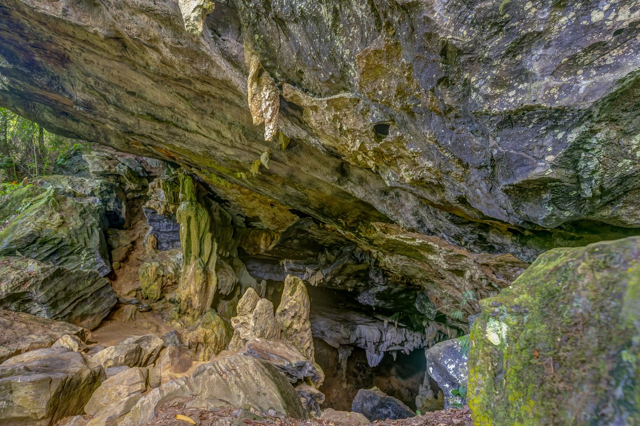 Boca da caverna Alambari de Baixo sob uma grande rocha inclinada, com pedras cobertas de musgo à frente