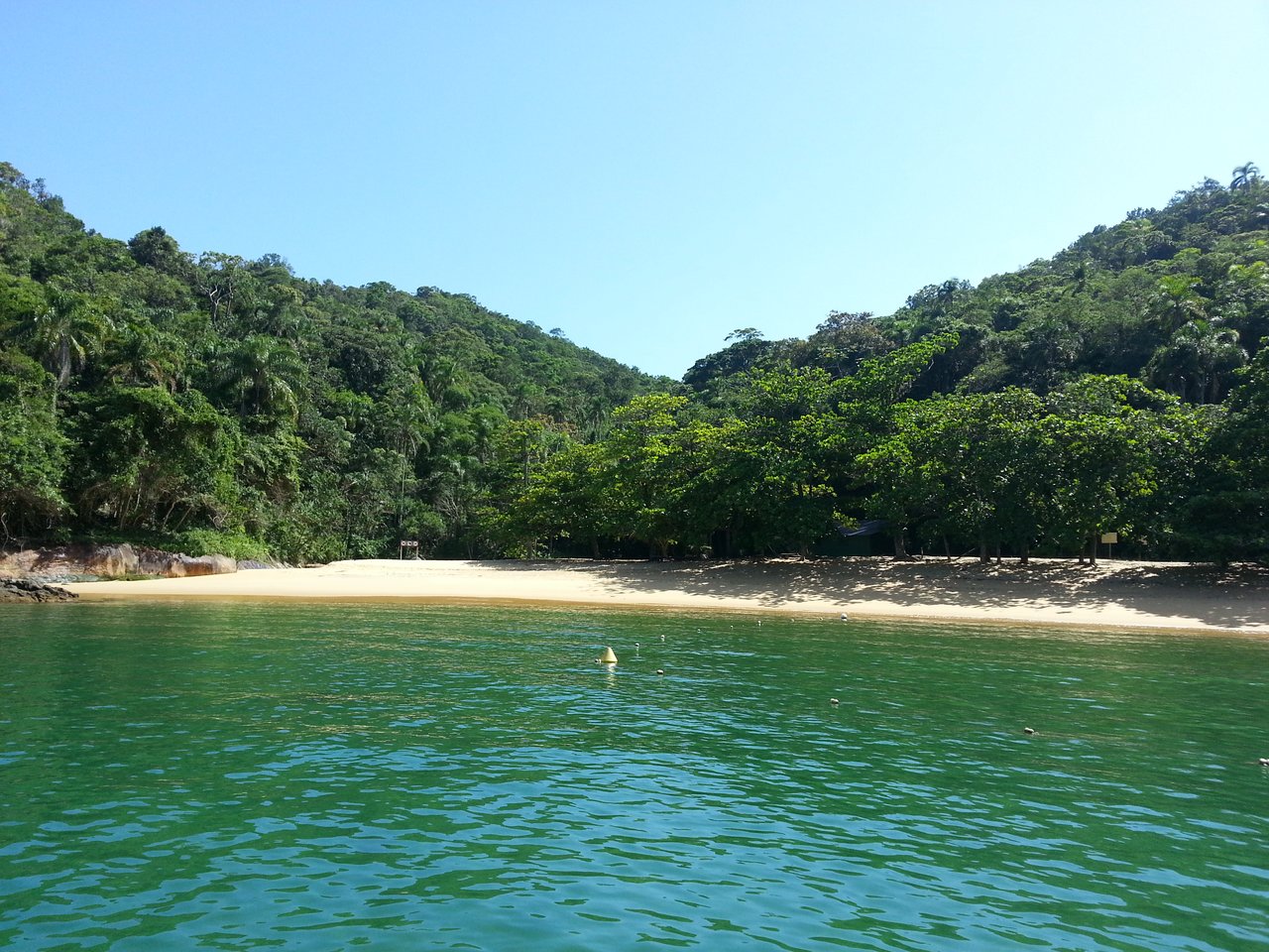 Praia do Sul, na Ilha Anchieta, vista do mar de águas verdes, com faixa de areia clara e mata atrás; uma pessoa ao longe na água