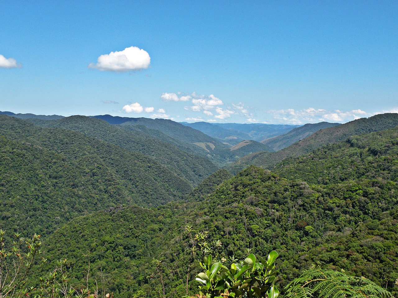 Vale do Rio Betari visto do mirante: morros cobertos de mata em sequência, sob céu azul com nuvens
